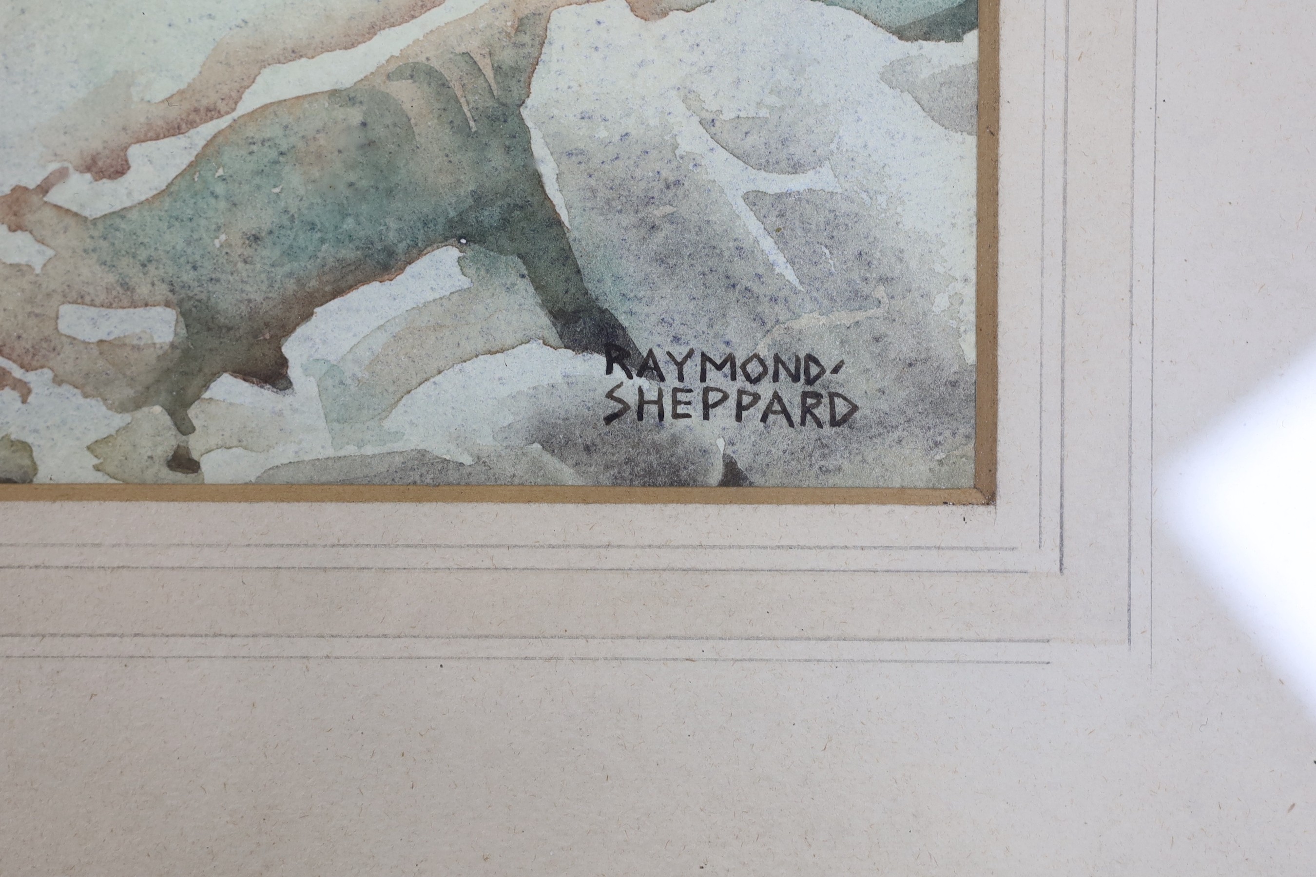 Raymond Sheppard (1913-1958), watercolour, Otters and fish, signed with label verso, 45 x 55cm